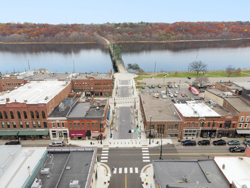 Photo of the city of Stillwater, Minnesota with the St. Croix Crossing bridge